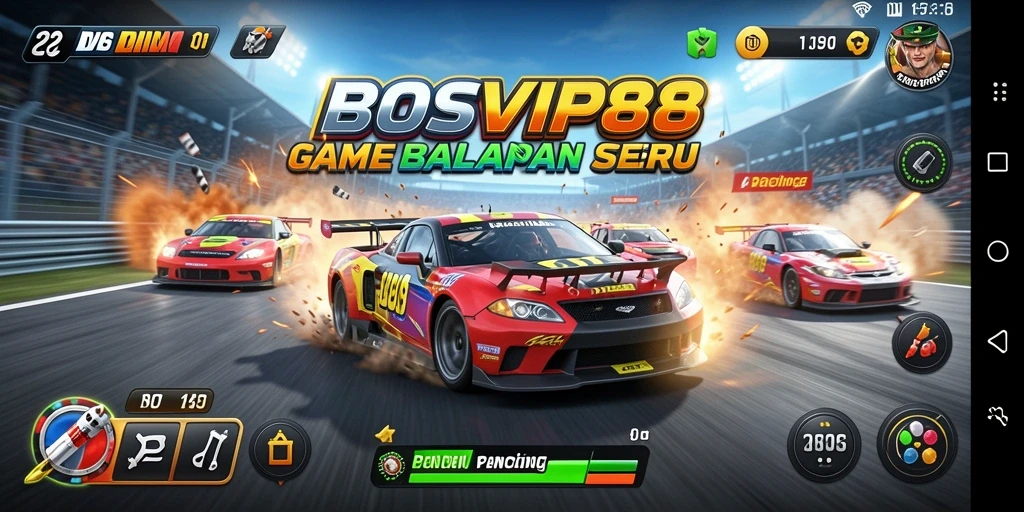 Tangkapan layar gameplay <strong>BOSVIP88</strong> menunjukkan balapan seru di trek berkelok.