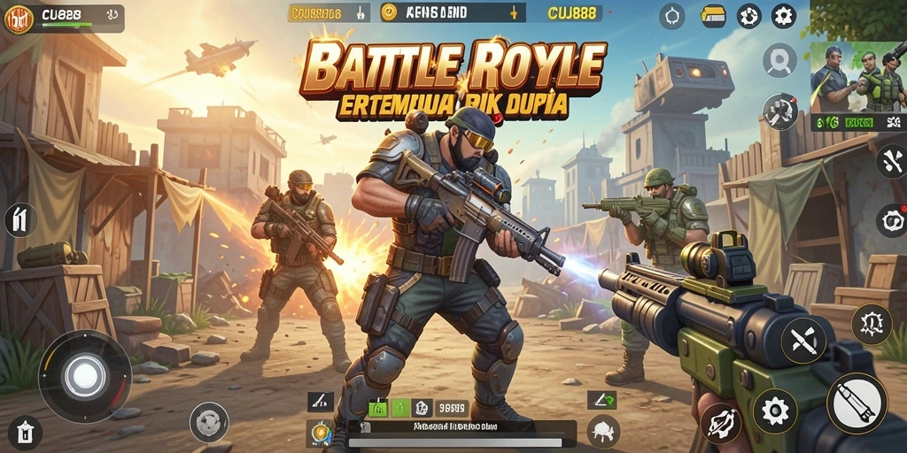 Screenshot CU888 menampilkan aksi pertempuran seru di arena Battle Royale.