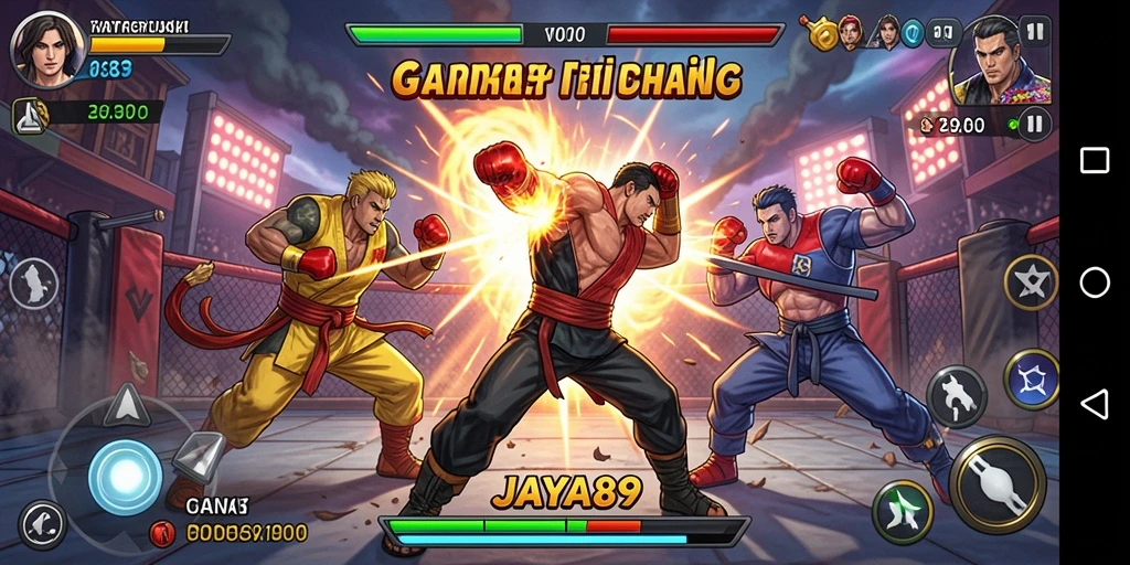 Screenshot JAYA89 menampilkan pertarungan karakter penuh aksi.