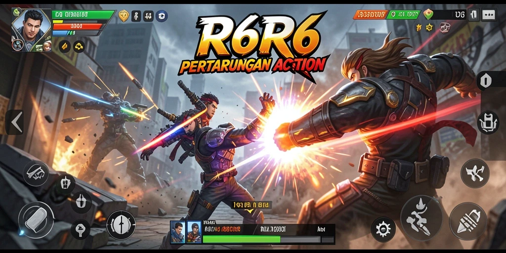 Screenshot gameplay R6R6 menampilkan aksi seru di arena pertarungan.
